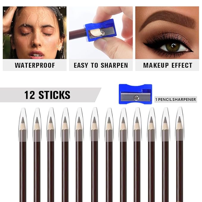 12Pcs Dark Brown Eyebrow Pencils for Women,Wooden Hard-Core Eyebrow Eyeliner Pencil,Sharpener Included,Long Lasting Waterproof Sweat-proof Create a Natural Eye Brow Makeup,Beginner Brow Pencil,Vegan