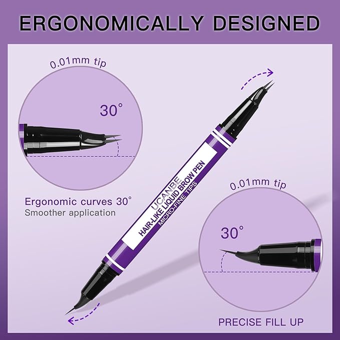 UCANBE Curved Eyebrow Pencils for Women with Spoolie Brush,Dual-Ended Eyebrow Pen with 2-Fork-Tip&Precise Brush-Tip,Microblading Brow Pen for Hair-Like Brows,Waterfool, Long Lasting,Soft Brown