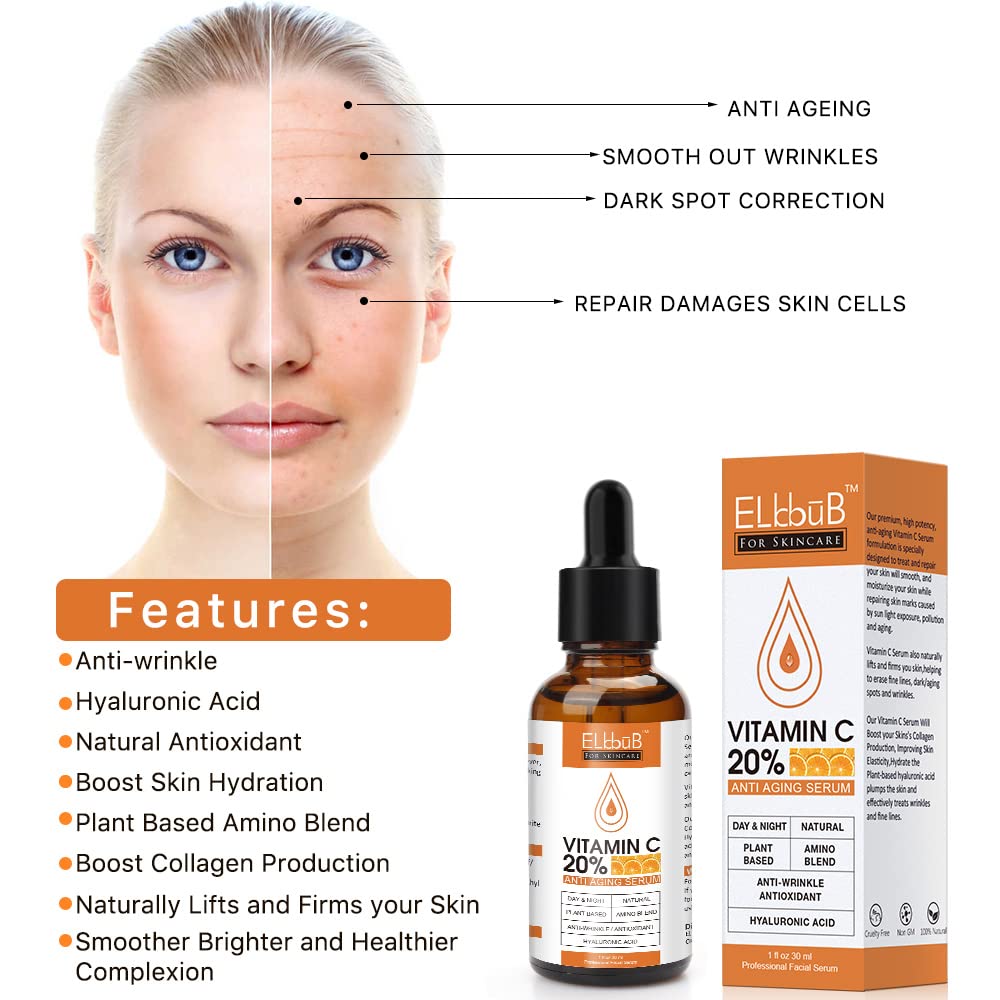 Premium 20% 𝐯𝐢𝐭𝐚𝐦𝐢𝐧 𝐜 𝐬𝐞𝐫𝐮𝐦 - (2PACK) with Hyaluronic Acid, Retinol & Amino Acids - Boost Skin Collagen,Hydrate & Plump Skin, Anti Aging & Wrinkle Facial Serum