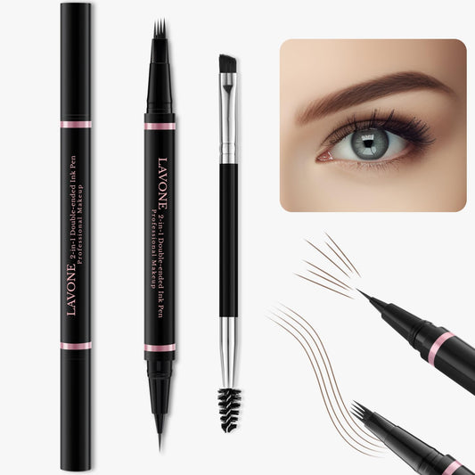 Eyebrow Pencil,2-in-1 Waterproof Eyebrow Pen with 4 Tip Brow Pen and Ultra-Precise Brow Pencil,with Dual-ended Eyebrow Brush,Eyebrow Makeup for Natural Looking Eyebrows - Dark Brown