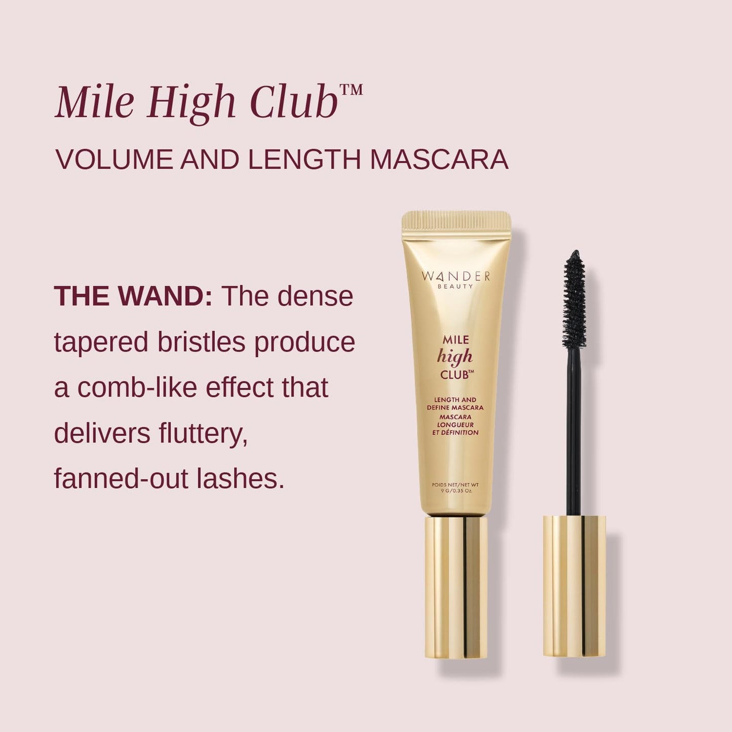 Wander Beauty Mile High Club Length + Define Black Mascara - Smudge-Proof, Lash Lengthening Mascara for a Full, Fanned Out Effect - Castor Oil + Peach Leaf Conditions & Strengthens - 0.31 fl oz