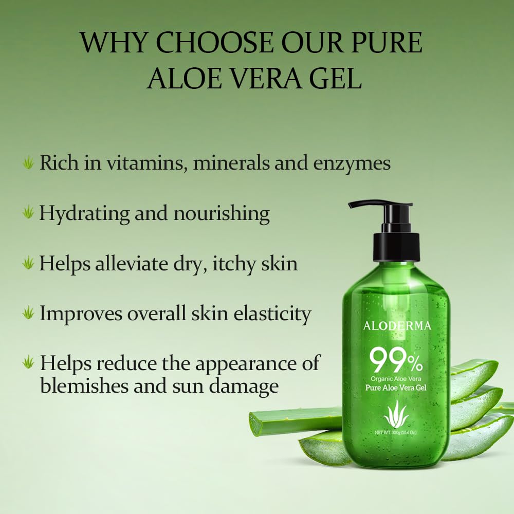 Aloderma 99% Organic Aloe Vera Gel Made within 12 Hours of Harvest - Lightweight, Non-Sticky Aloe Gel for Face Body, Hair, & Scalp, After Sun Relief, Natural, Soothing Hydrating Aloe Gel, 10.6oz