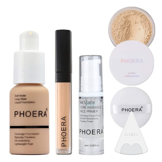 Full Coverage Makeup Set with Foundation (102 Nude), Concealer Stick (102 Neutral), Primer Gel, Setting Powder, Make Up Pad & Sponge - Complete Face Cosmetics Kit for Women