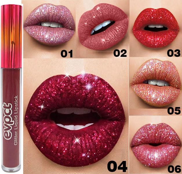 evpct 6Pcs Diamond Lip Gloss Matte to Glitter Liquid Lipstick Waterproof, Metallic Metal Shimmer Liquid Diamond Glitter Sparkle Sparkling Lipstick Lip Gloss Sets for Women Lips Kit, glitter+lipstick