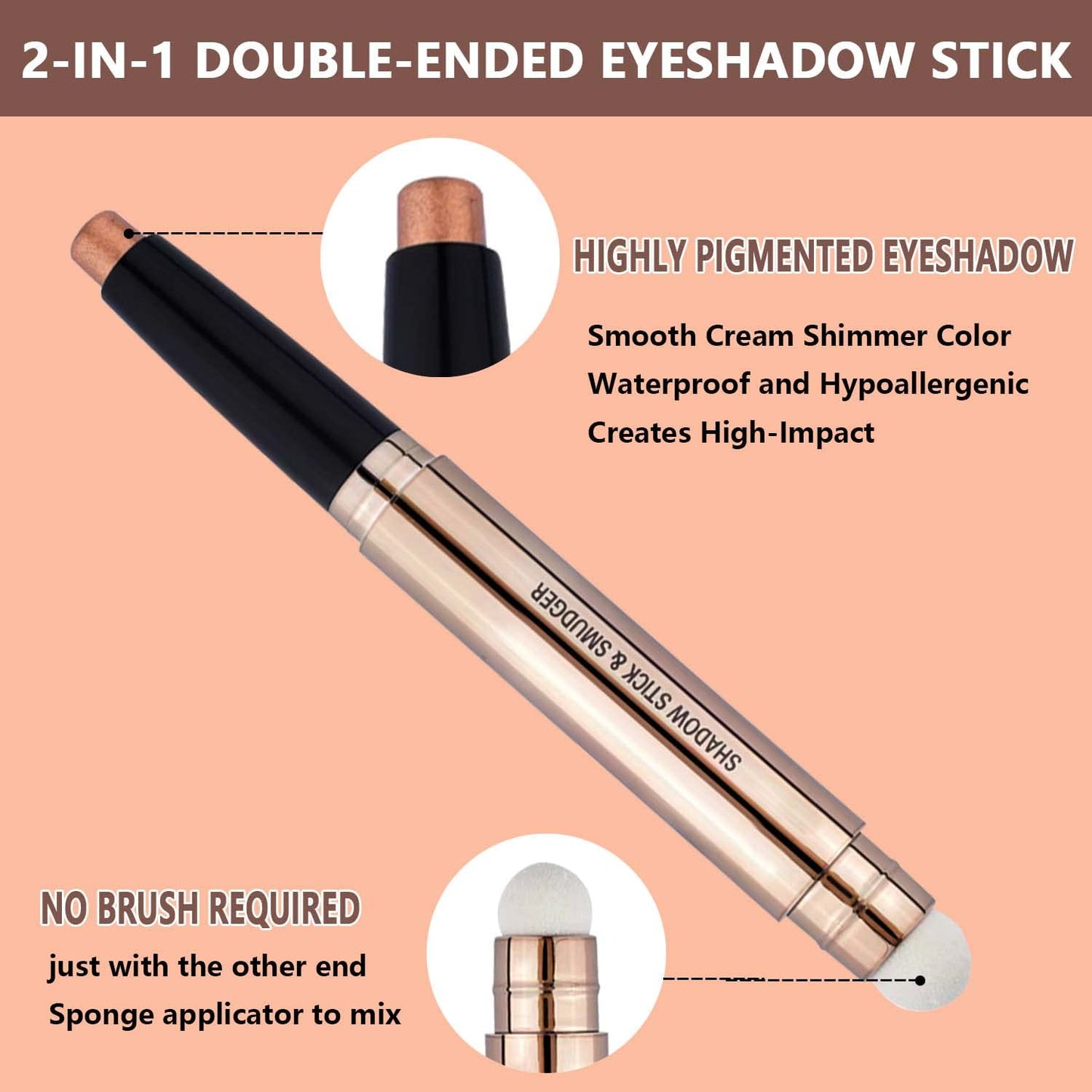 Champagne Eyeshadow Stick Makeup, Highlighter Matte Cream Eye Shadow Pencil, Waterproof Hypoallergenic Long Lasting Crayon, Glitter Primer Palette Shimmer Eyeliner Pen wiht Soft Brush