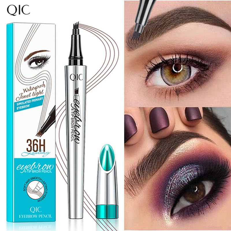 Microblading Eyebrow Pen - Long-Lasting 4D Four-Tip Waterproof Eyebrow pen with Triangular Tip Easy Application for Beginners for Natural Eyebrows (Dark Brown)