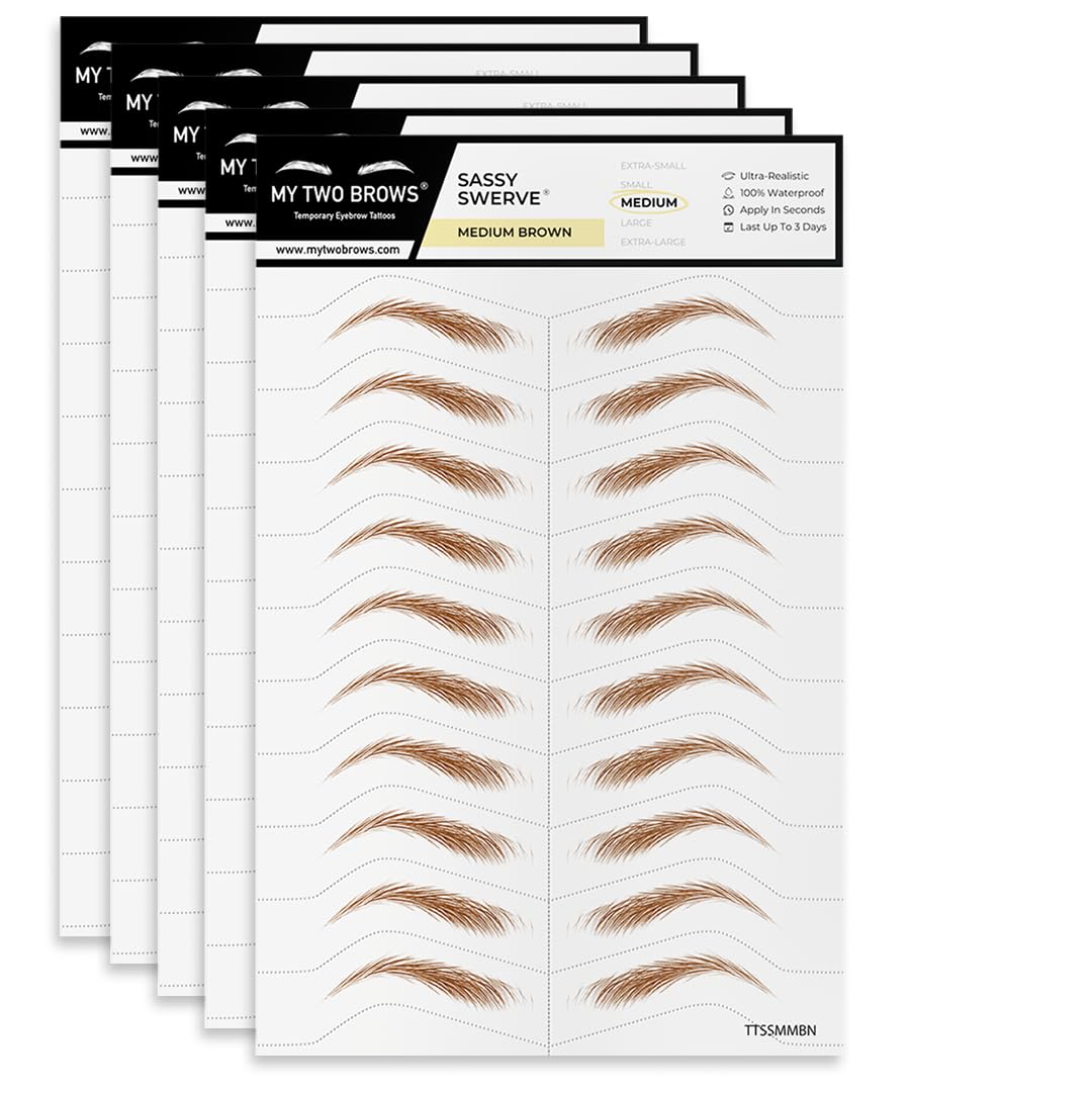 50 Pairs Medium Brown Temporary Eyebrow Tattoos, Waterproof and Smudge-Proof Medium Sassy Swerve Style Realistic Eyebrow Stickers for Women, Easy to Apply, Won't Work on Existing Brows
