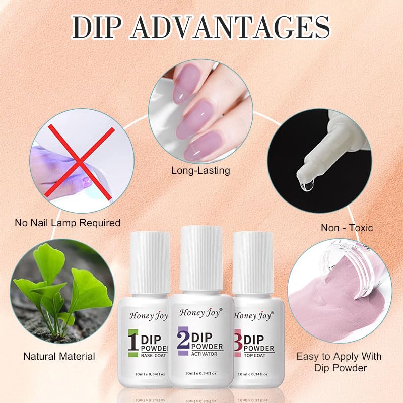 Honey Joy Dip Powder Nail Kit Starter,4 Colors Gentle Nude Brown Pink Neutral Skin Dipping Powder Liquid Set with Base Top Coat for Nail Art Manicure Salon DIY No LED Nail Lamp Needed，Dip-7pcs-07