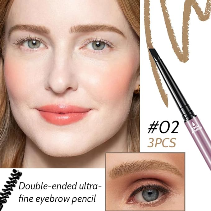 3 Pcs Brown Eyebrow Pencils for Women,with Spoolie Brush,Eyebrow Pencil Soft Textured,Waterproof Sweat-proof for Fills in Sparse Areas and Gaps Create a Natural Eye Brow,Vegan & Cruelty-Free