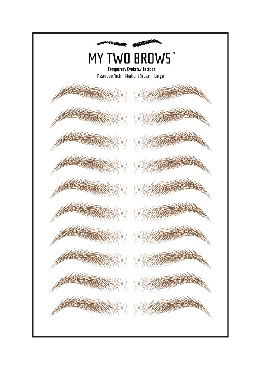 (10 pairs) Medium Brown Temporary Eyebrow Tattoo - Large Size - Waterproof & Smudgeproof - Assertive Arch Style Eyebrow Stickers - Sheet Lasts up to 30 Days - Won't Work on Existing Brows