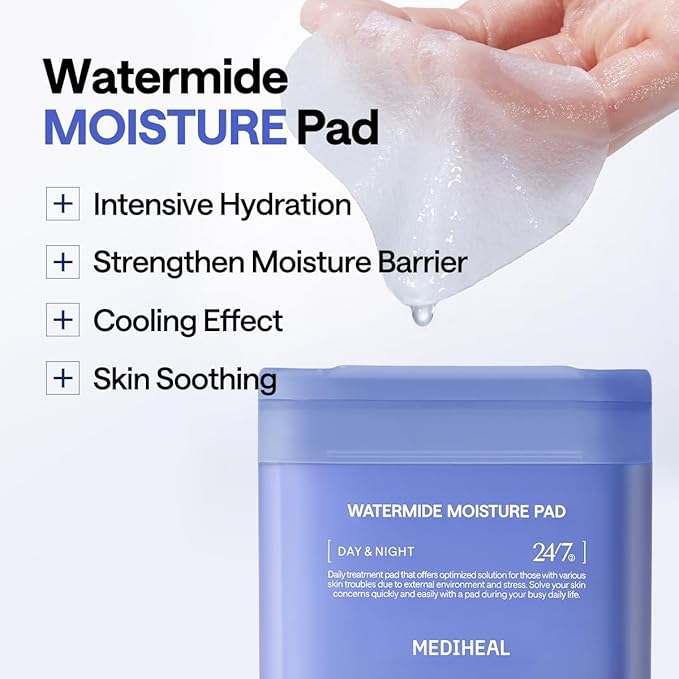 MEDIHEAL Watermide Moisture Pad - Square Cotton Facial Toner Pads with Icelandic Glacial Water - Improve Skin Temperature, Hydrating to Dry, Puffy, Coarse Skin -Vegan Eco Silk Pads,100