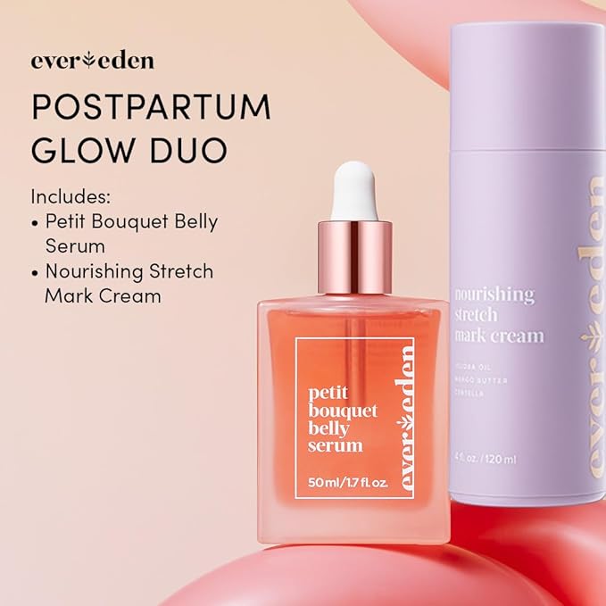 Evereden Postpartum Glow Duo - Petit Bouquet Belly Oil & Nourishing Stretch Mark Cream - Dermatologist-Developed Clean & Vegan Maternity Skincare Postpartum Gifts for New Mom - Stretch Mark Reduction