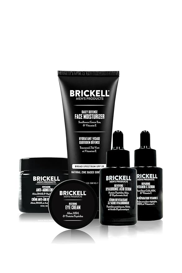 Brickell Men's Complete Defense Anti Aging Routine, Night Face Cream, Vitamin C Day and Night Serum, Facial Moisturizer w/SPF and Eye Cream, Natural and Organic, Unscented