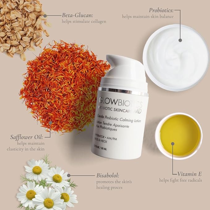 Glowbiotics Gentle Probiotic Calming Lotion: Lightweight Peptide & Probiotic Moisturizer for Sensitive Skin | With Hyaluronic Acid, Niacinamide & Ceramide-Rich Safflower Oil