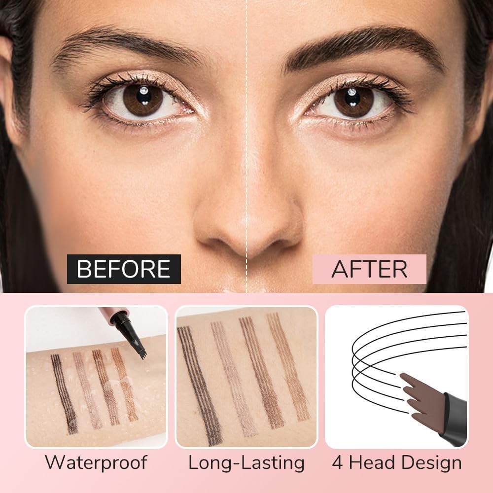 Microblading Eyebrow Pen, New 3D Microblading Eyebrow Pencil, Waterproof Eye Brow Pen with 4 Tip, Natural Magic Eyebrow Makeup Fine Stroke Contouring Pencil Long-Lasting Stay on All Day (Light Brown)