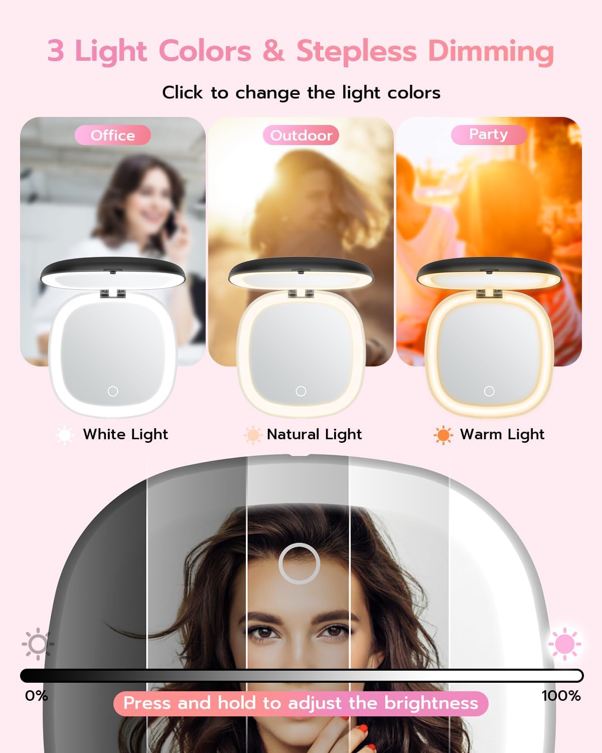 Benbilry 3.9" Rechargeable Compact Makeup Mirror with 3 Light Colors and Magnification 1X / 10X, Double Light Strip Dimmable Small LED Travel Mirror for Purse, Black