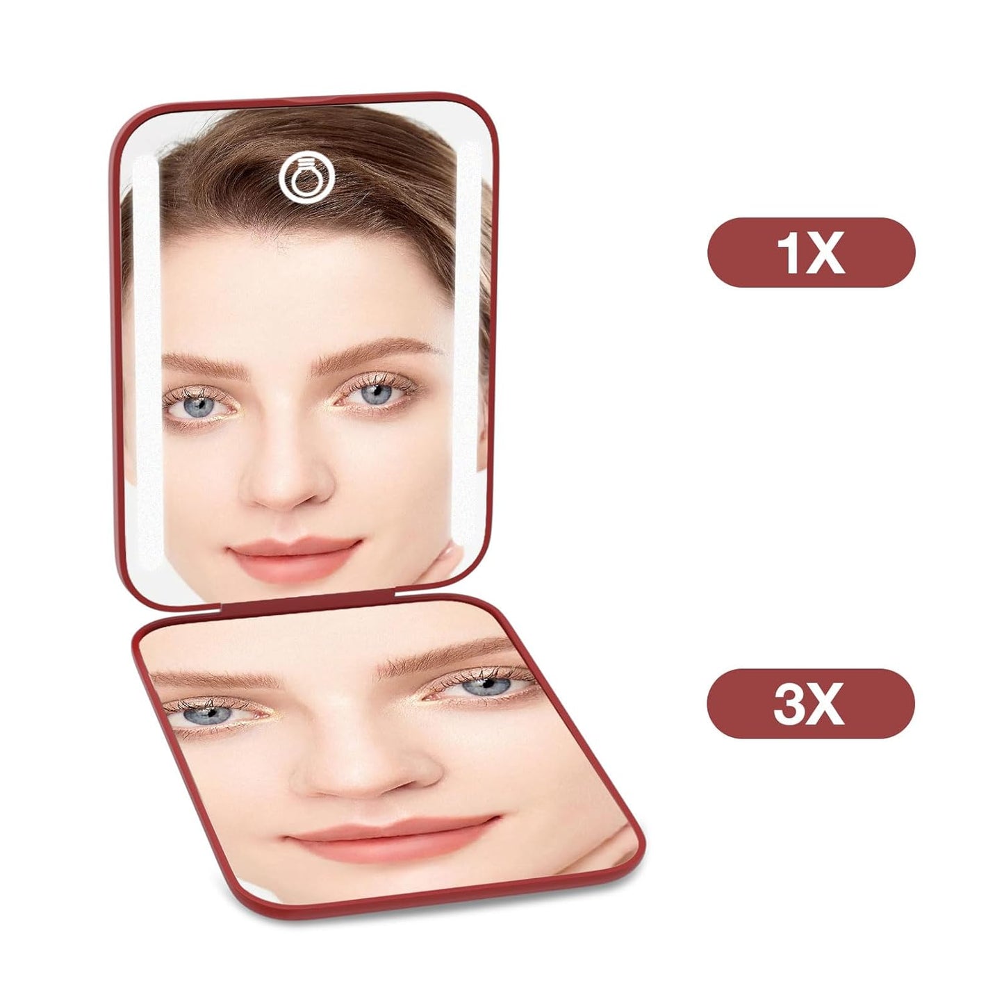 Kintion Rechargeable Pocket Mirror, Double Sided 1X/3X Magnification Compact Vanity Mirror, 3 Color Lights, Dimmable, Small Portable Wallet Mirror, Lighted Travel Mirror for Women Gifts, Wine Red