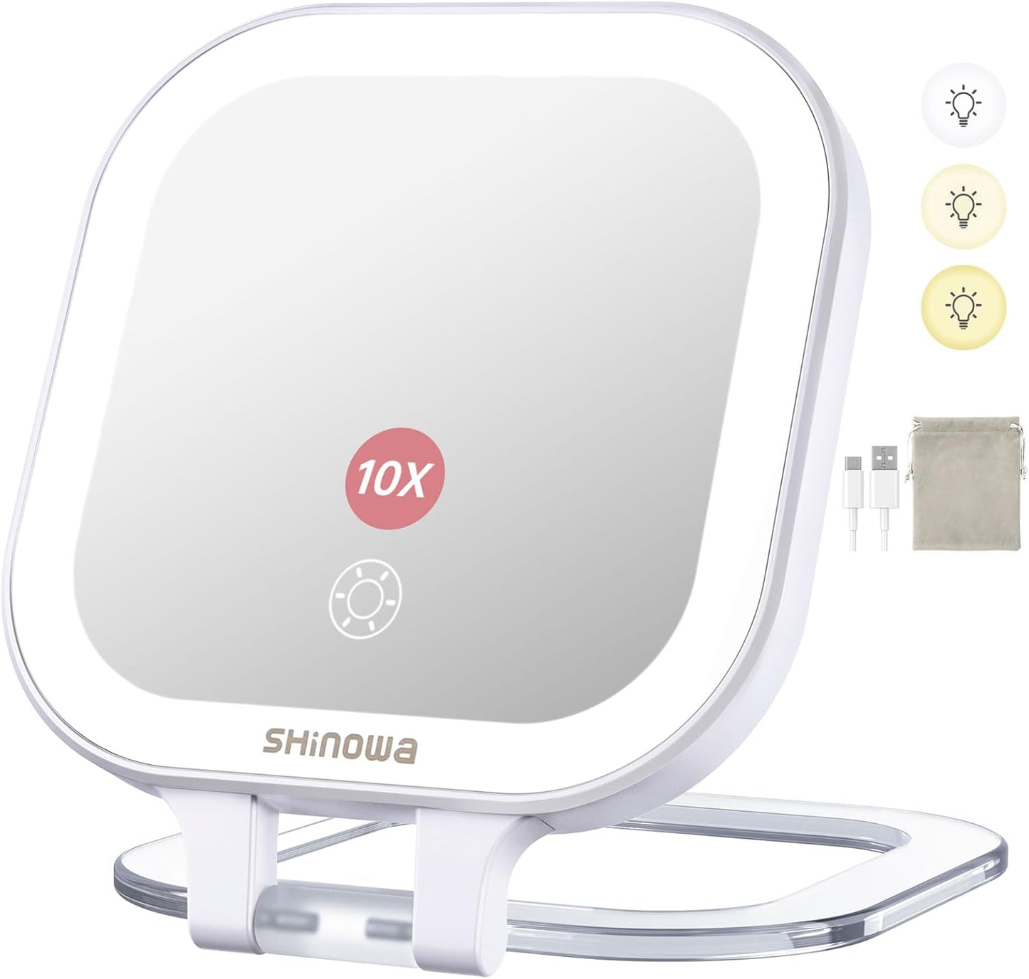 Shinowa Rechargeable Travel Makeup Mirror with 44 LED Lights, 1X/10X Magnifying Vanity Mirror with 3 Color Light, Folding Stand, 4 Inch Portable Dimmable Double Sided Compact Lighted Mirror, White