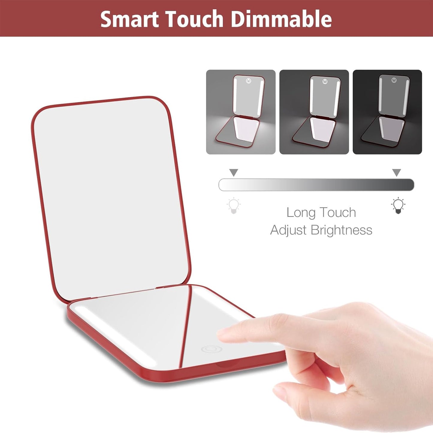 Kintion Rechargeable Pocket Mirror, Double Sided 1X/3X Magnification Compact Vanity Mirror, 3 Color Lights, Dimmable, Small Portable Wallet Mirror, Lighted Travel Mirror for Women Gifts, Wine Red