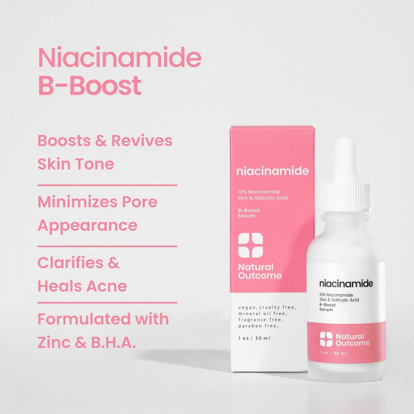Niacinamide Serum for Face by Natural Outcome Skin Care, B-Boost Niacinamide 10% Plus Zinc 2% Salicylic Acid + Hyaluronic Acid, Acne Treatment + Pore Reducing Serum + Skin Balancing