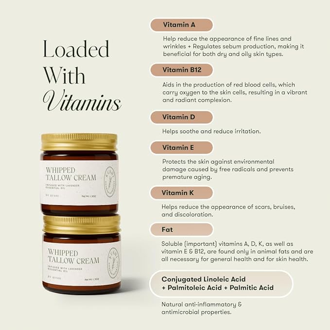 KUSHI Grass-Fed Whipped Tallow Cream Moisturizer for Face & Body – Organic Lavender – Vitamins A, D, E, K – Paraben & Sulfate Free, All-Natural Skin Care – 1.3oz