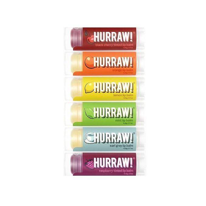 Hurraw! Lip Balms Staff Favorites, 6 Balm Bundle Pack: Black Cherry Tinted (Sheer Red Tint), Orange, Lemon, Mint, Earl Grey, Raspberry Tinted (Sheer Berry Tint). Organic, vegan & raw ingredients.