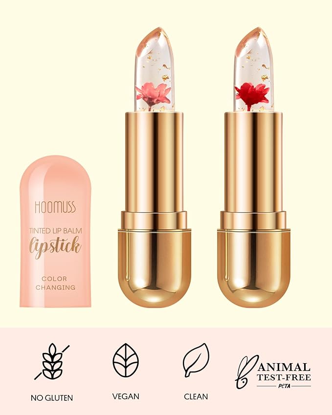 Tinted Lip Balm, Flower Lipstick Tinted Lip Gloss Long Lasting PH Lipstick, Color Changing Lipstick Natural Chapstick, Glitter Pink Shade Lipstick, Red Flower