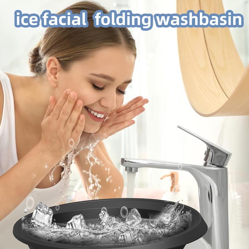 Face Ice Bath Bowl Silicone Face Ice Bath Ice Facial Folding Washbasin with Built-In Ice Tray and 3 foldable hair bands, Foldable & Portable Bowl for Home Ice Water Facials (Black)