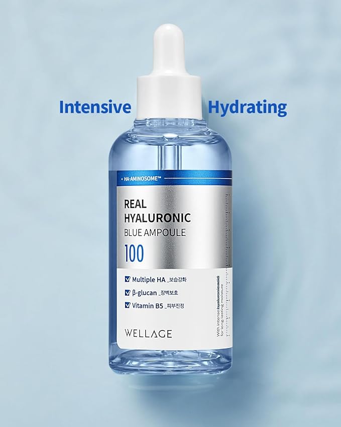 WELLAGE Real Hyaluronic Blue Ampoule 100, Value Review Korean Skincare, Fragrance Free Hyaluronic Acid Serum with Panthenol, Wild yam, Centella, Deep Hydration, Firming, Plumping, Non-Sticky 2 Pack