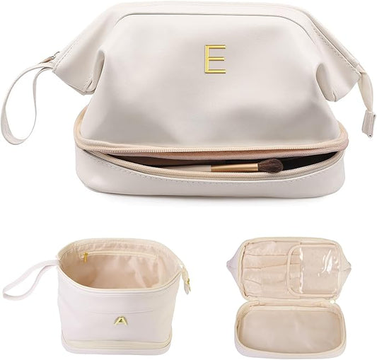 Bridal Shower Gifts, Cosmetic Bags for Women, Initial Makeup Bag, Women Gifts,Beach Bag Essentials Cosmetic Bag with Makeup Brush Organizer, Toiletry Bag Mothers Gifts