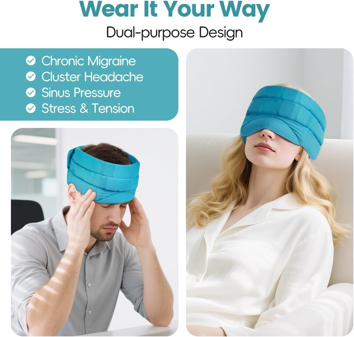 Head Ice Pack for Migraine Relief, 2 Hours Long Lasting Cold Therapy Flexible Cold Pack Head Ice Wrap Cooling Mask for Headache, Sinus Pain, Tension, Stress, Puffy Eyes