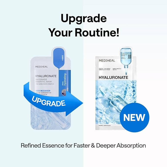 Mediheal Essential Mask (10pcs, Hyaluronate) 98% Pure Hyaluronic Acid for Long-lasting Hydration, Deep Skin Absorption & Moisture Barrier Vegan formula