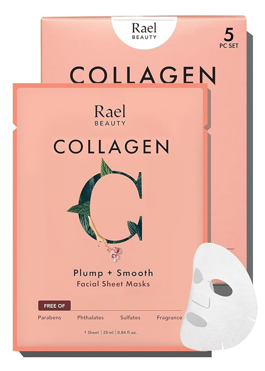 Rael Face Mask Skin Care, Collagen Face Masks - Bamboo Facial Sheet Mask, Korean Skincare, with Collagen Essence and Fruit Extracts, Nourishing and Moisturizing, All Skin Types (Collagen, 5 Sheets)
