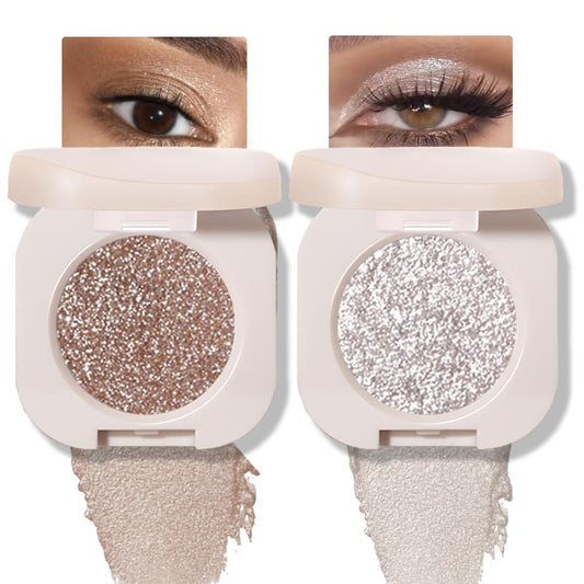 2Pcs Glitter Shimmer Sparkle Eyeshadow Palette Makeup For Women, Light Brown & Silver Glitter Shimmer Metallic Holographic Multichrome Cream Iridescent Single Monochrome Eye Shadow Makeup