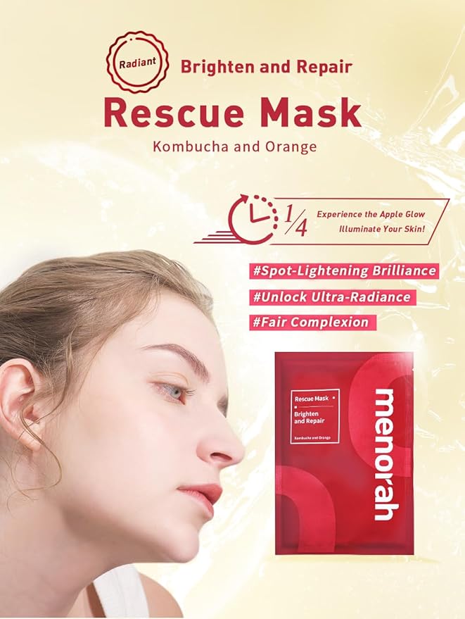 menorah Skincare - Facial Rescue Mask, Natural and Plant-Based Collection, Face Sheet Mask, Brightening, Anti-Aging, Hydration, Anti-Blemish, 4Combo Pack