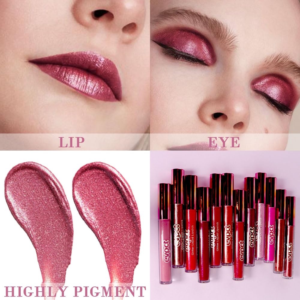 eevpct 2Pcs Mauve Red & Wine Red Matte to Glitter Liquid Lipstick Set Kit for Women Long Lasting Glossy Metallic Shimmer Sparkle Lipstick Lip Gloss 2+6