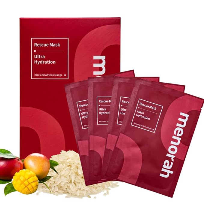 menorah skincare - Ultra Hydration Rescue Sheet Mask (4 Sheets) - with Rice, African Mango, Face sheet masks, Moisturizing mask, Super Hydration and Moisturizing, 100% Organic cotton sheet mask