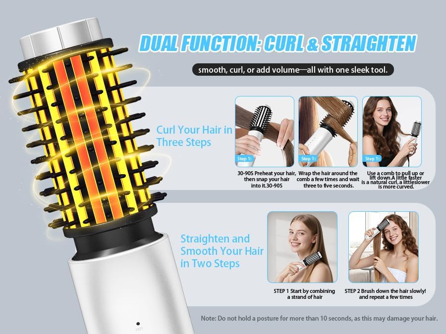 Cordless Curling Iron Brush,1.5-inch Mini Travel Curling Iron, 3-in-1 Portable Heated Round Straightening Brush, Rechargeable Curlings Irons, for Curls, Straightening, De-frizzing, and Styling, White
