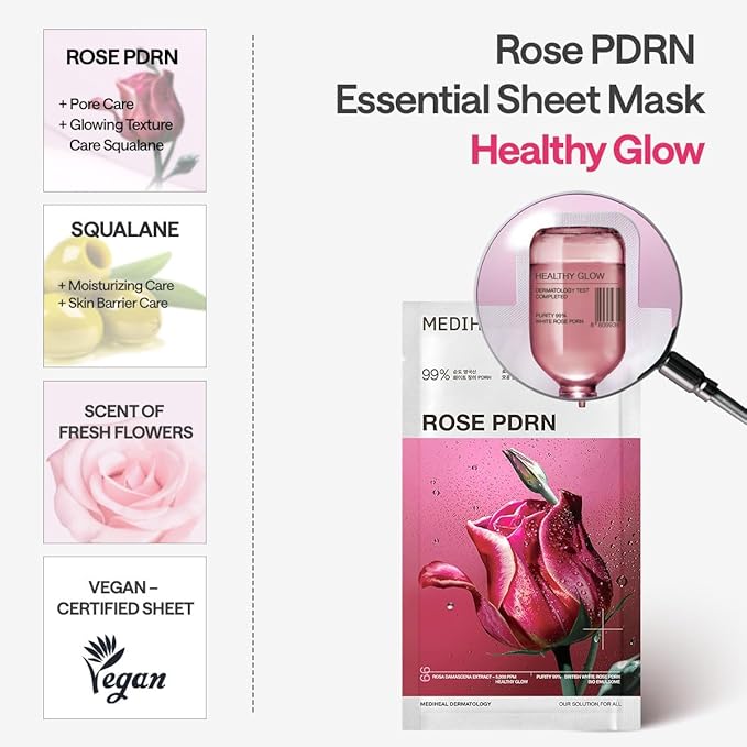Mediheal Rose PDRN Essential Sheet Mask 10 pcs. 99% Pure White Rose PDRN & Hyaluronic Acid for hydrating, firming, and enhancing moisture barrier, skin firmness, and glow. Vegan formula
