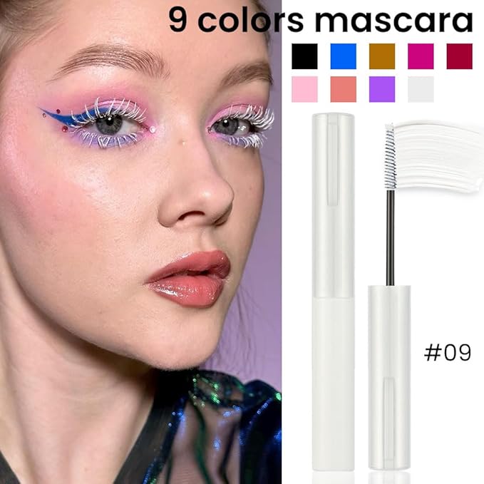 Colored Mascara for Eyelashes with Comb Set, Colorful Waterproof Long lasting White Mascara Charming Voluminous White lashes for Women Cruelty Free Vegan Eye Makeup (C-1Pc 09#white, C)