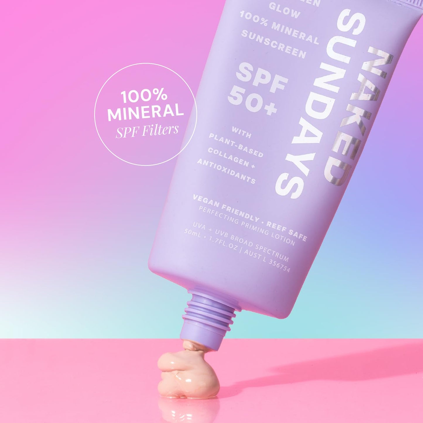 SPF50+ Collagen Glow 100% Mineral Sunscreen, Hydrating 100% Mineral Sunscreen With Zinc Oxide, Vegan Collagen, Primer & A Sheer Tint for Healthy Glow (50ml)