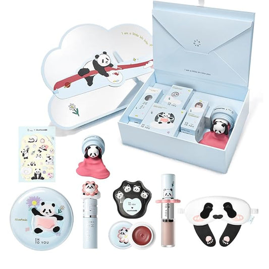 INTO YOU x M.Lan Panda The Color Mixer Set Limited Edition - 7 pieces Makeup Box Sets, Matte Lipstick + Canned Lip Mud + Blush & Highlight Duo + Cushion Foundation + Gift Bundle, L02 Set