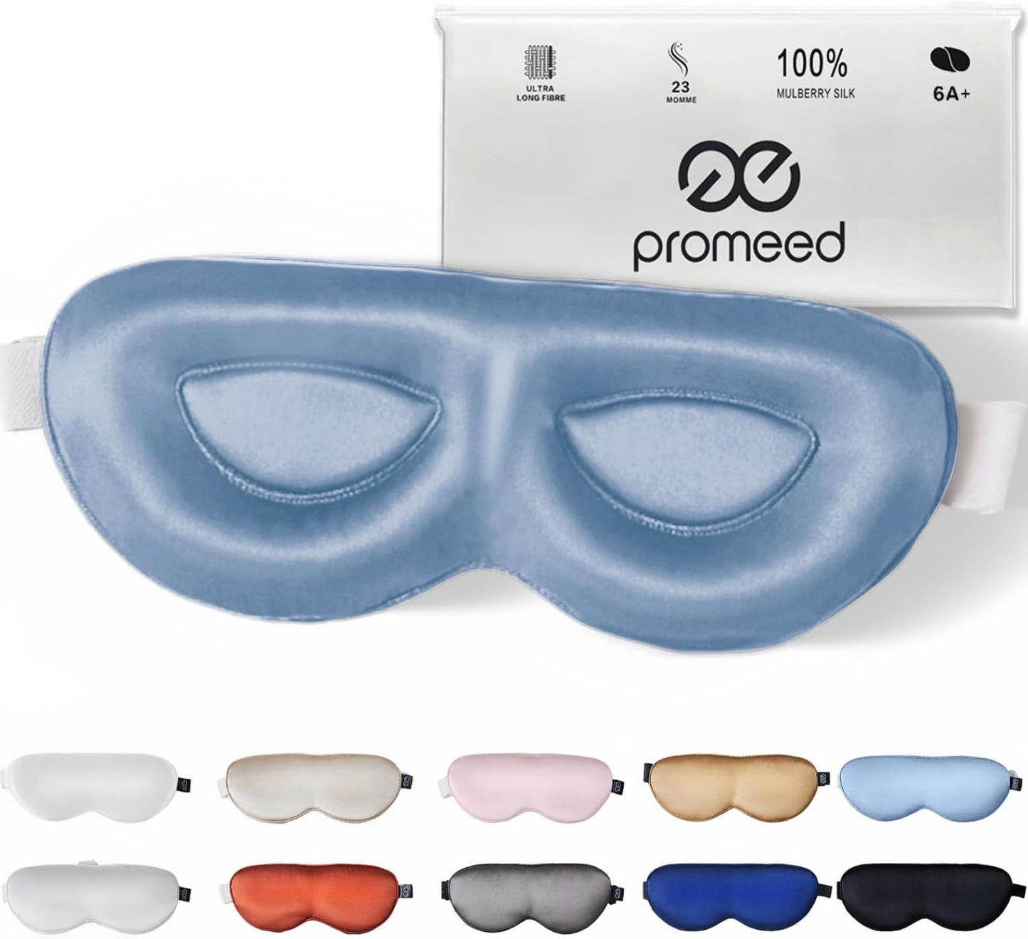 PROMEED Adjustable 23 Momme Mulberry Silk Sleep Mask, 3D Contoured No-Pressure Cup Eye Mask for Sleeping, Super Soft Breathable Blindfold, Perfect Blocks Light for Sleeping (Light Blue)