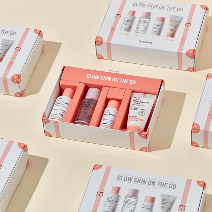 Hanskin Glow Skin On The Go Kit, Set of 4, Essential Travel Skincare Set for Glowing & Nourishing Skin on the Plane, Powder Cleanser Skin Essence and Facial Serum Cleansing Balm