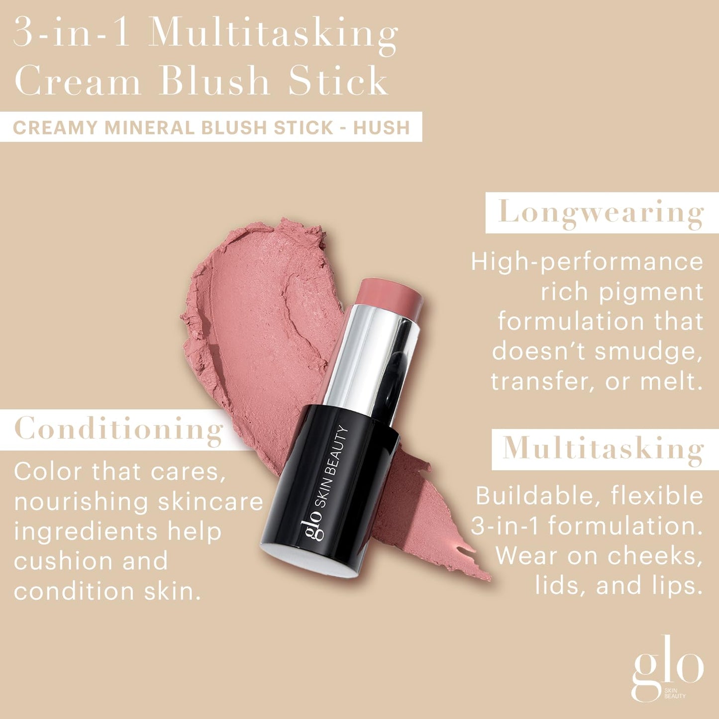 Glo Skin Beauty Cream Blush Stick (Hush) | 3-in-1 Multitasking Long-Wear Cheek, Lips + Lids Stick | Packed with Skincare Benefits