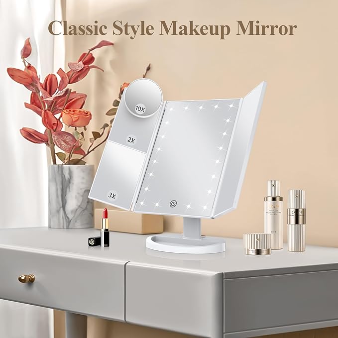 HUONUL Makeup Mirror Vanity with Lights, 2X 3X 10X Magnification, Touch Control, Trifold Mirror, Dual Power Supply, Women Gift(White)