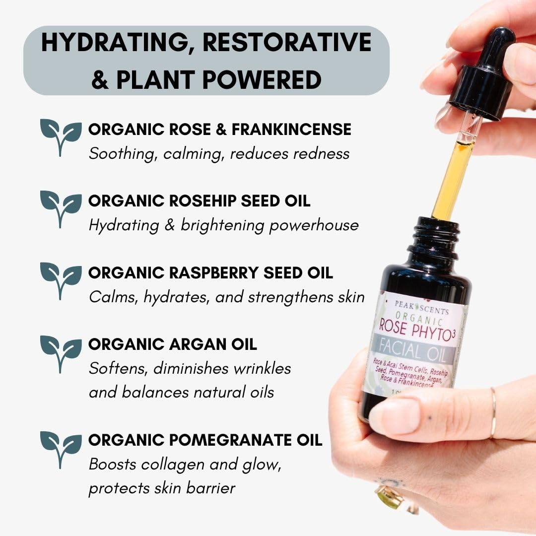 Organic Rose Phyto Facial Oil - Rosehip and Argan Oil Infused with Rose Extract and Frankincense Essential Oil - Ideal for Gua Sha Massage, Anti-Aging Face Oil (1oz)