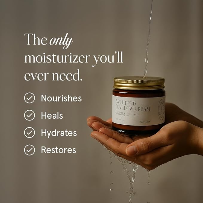 KUSHI Grass-Fed Whipped Tallow Cream Moisturizer for Face & Body – Organic Lavender – Vitamins A, D, E, K – Paraben & Sulfate Free, All-Natural Skin Care – 1.3oz