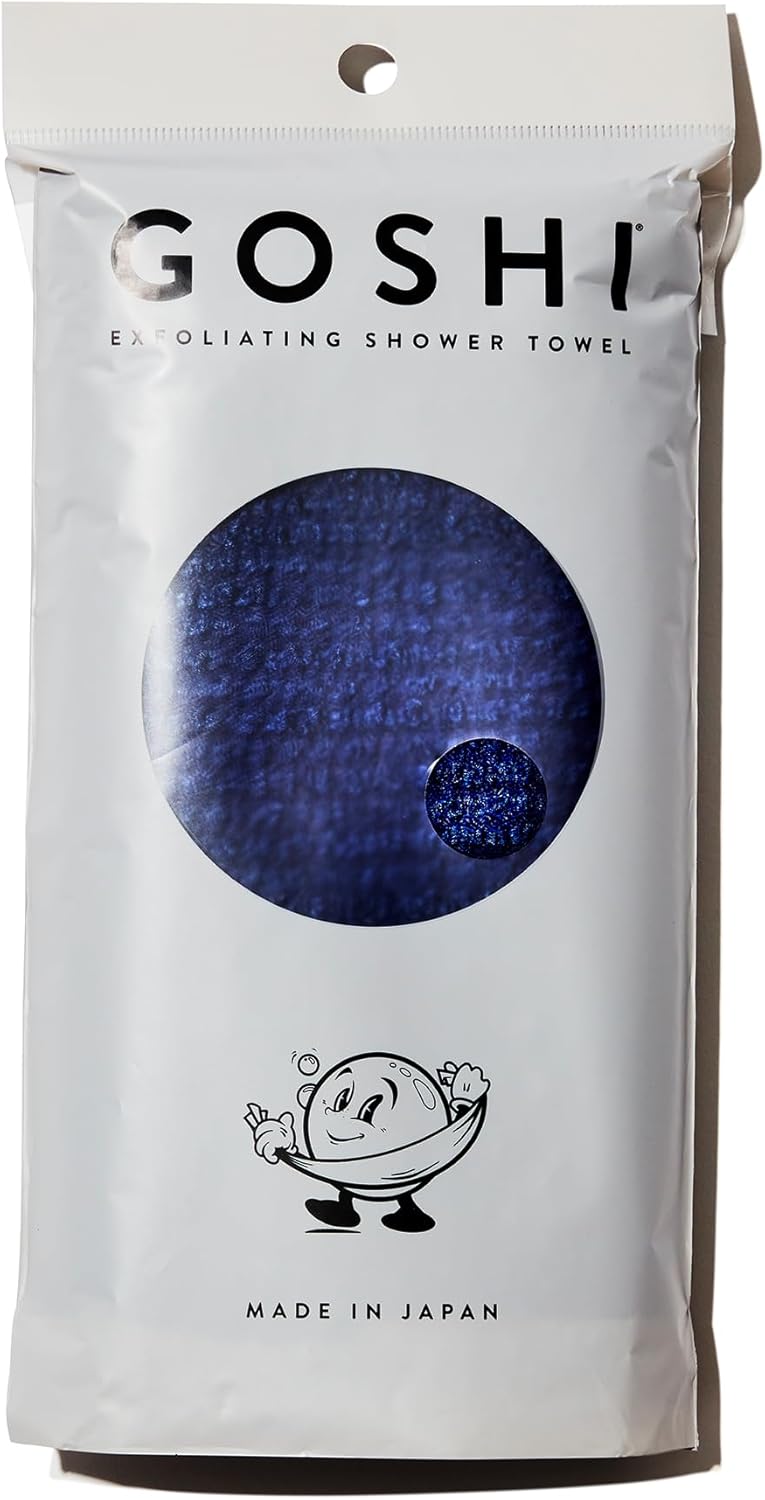 GOSHI Exfoliating Shower Towel - Rip-Resistant Exfoliating Washcloth for All Skin Types - Indigo Blue - Made in Japan