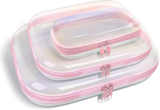 Clear Hard Plastic Zipper Case,Transparent Double Zippers Hard Pouch with 3pcs,Portable Travel Organizer Bin for Toy Storage
